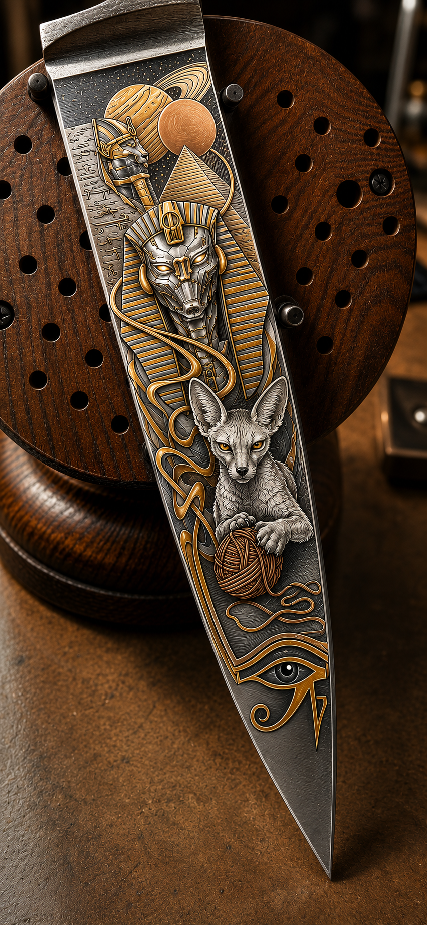 Egyptian-themed knife blade — pharaoh, Eye of Horus, gold inlay, warm tones