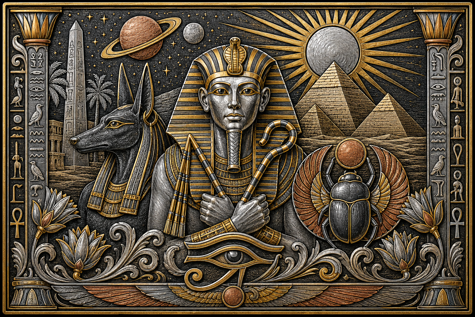 Egyptian pharaoh engraving — Anubis, pyramids, scarab, gold and silver inlay