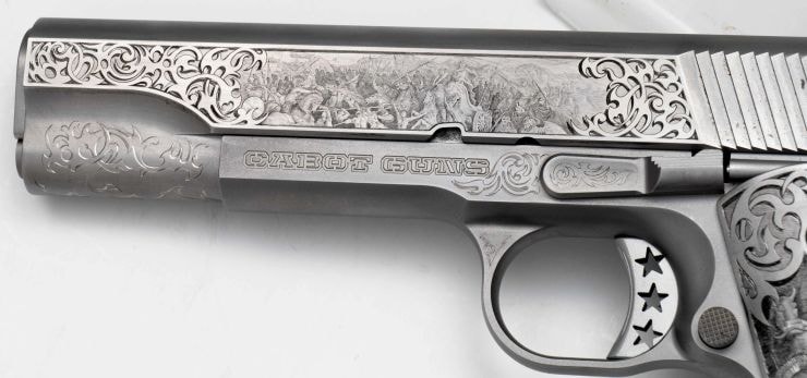 Cabot Guns Suffering — full scroll engraving, left profile