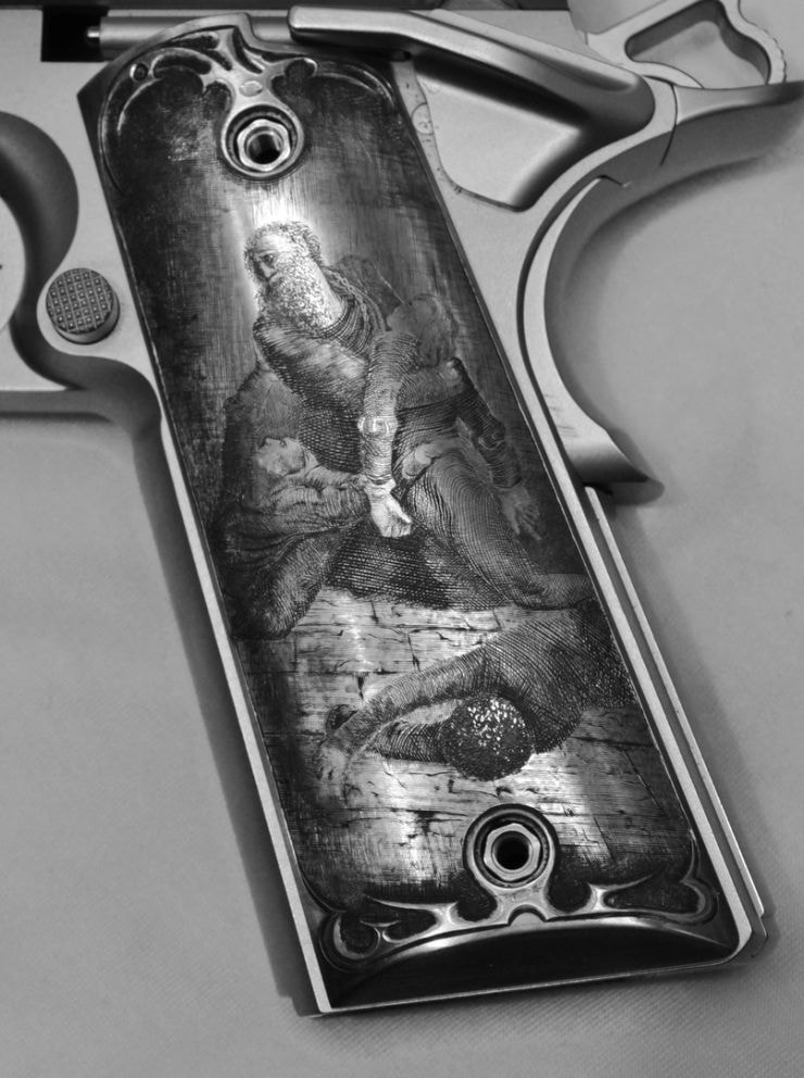 Pistol grip panel — classical figure engraving, black and white