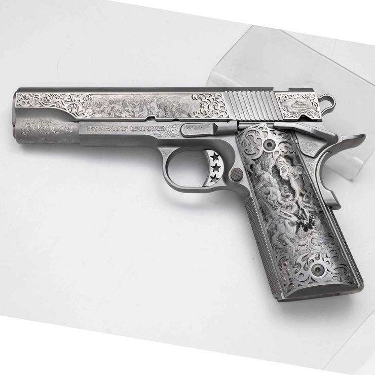 Cabot Guns Salvation — angel scene on grip, black background