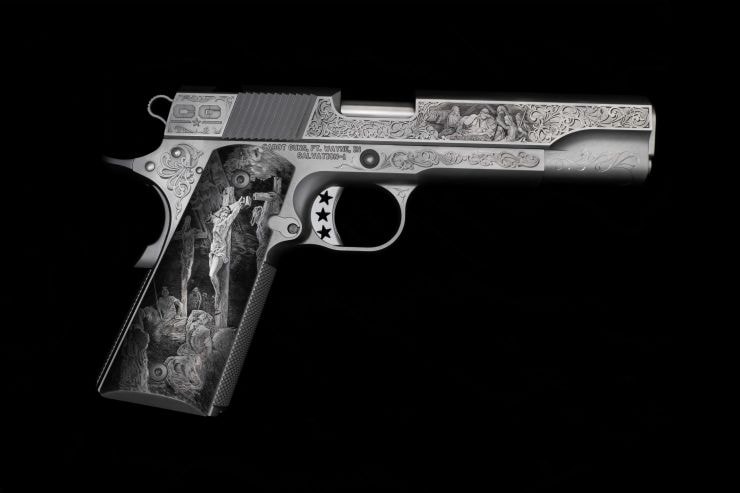 Cabot Guns Salvation — crucifixion scene on grip, black background