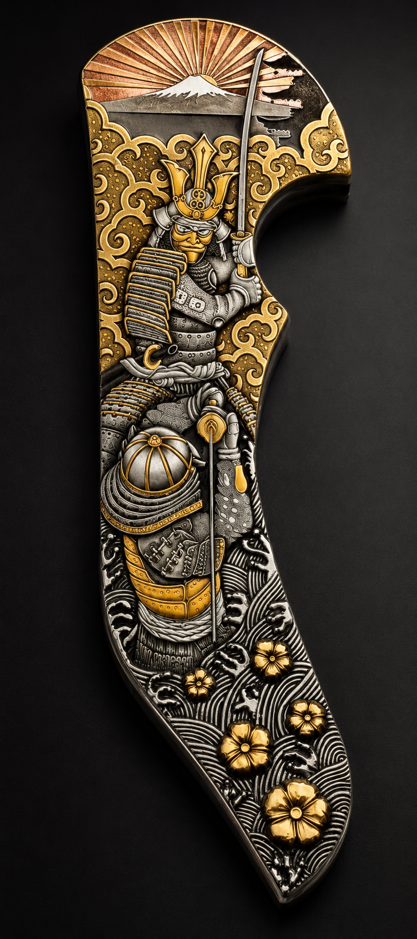 Samurai knife blade — finished in gold, silver and sakura flowers