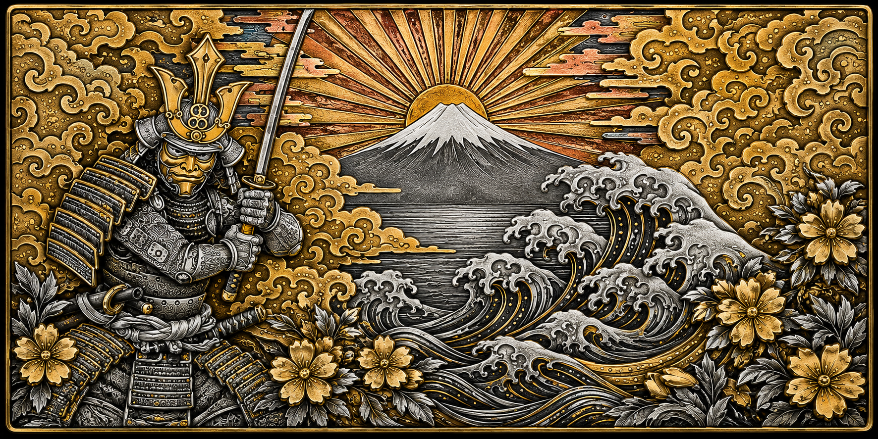 Samurai and Mount Fuji engraving — gold, silver and copper inlay, panoramic
