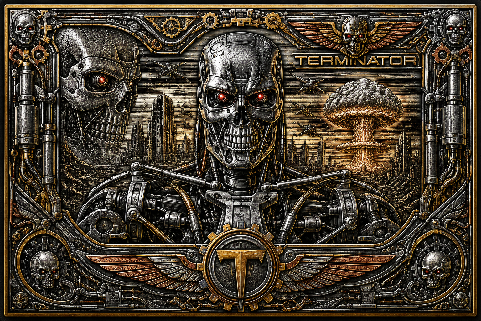 Terminator-themed mechanical engraving — steel, gold and silver inlay